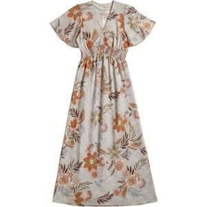 LOVESTITCH Floral Maxi Dress Women Small Orange Tan Boho Flutter Sleeve Smocked